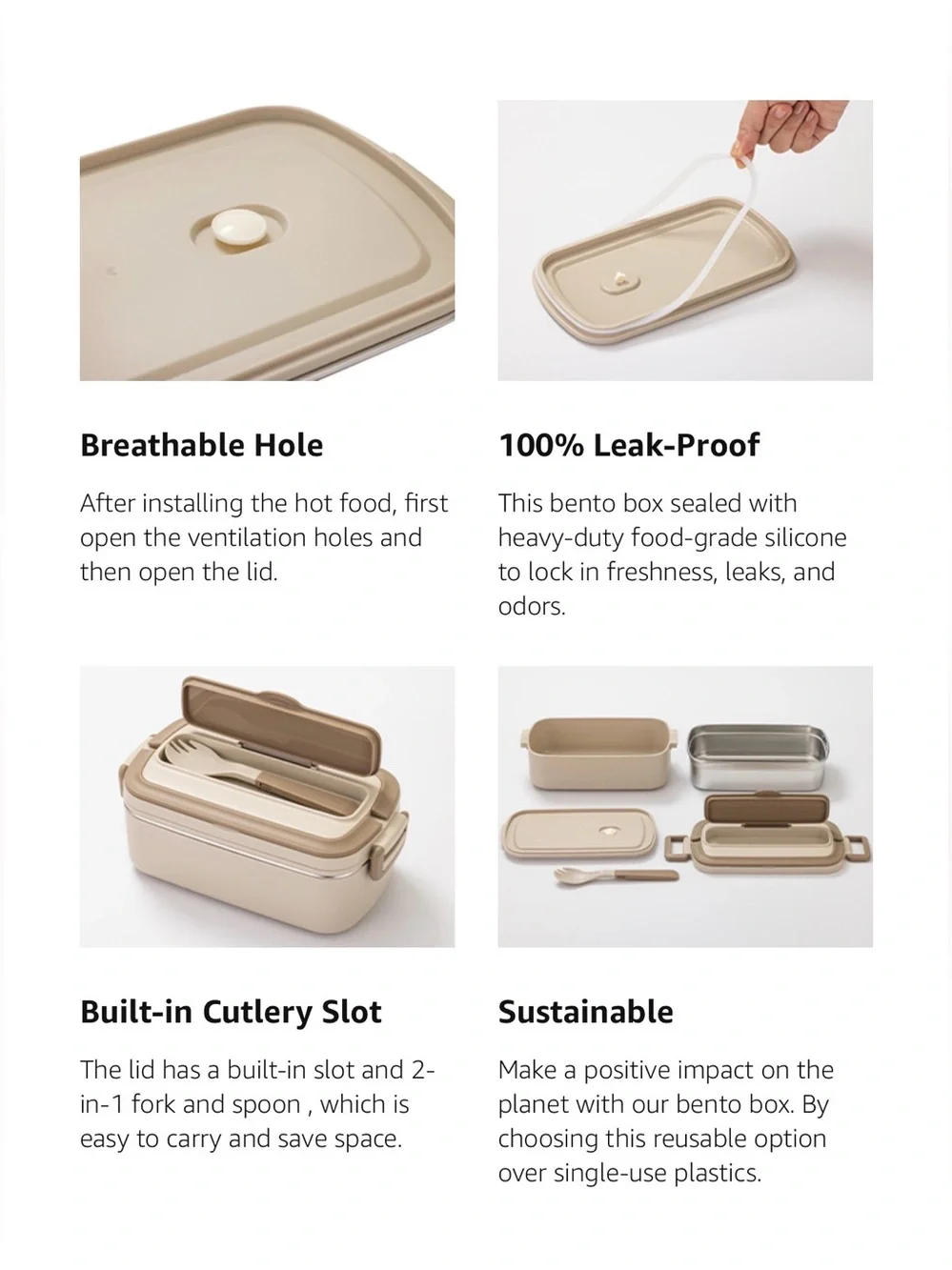 Little Home Brown - Beige Bento Lunch Box Set with Insulated Bag